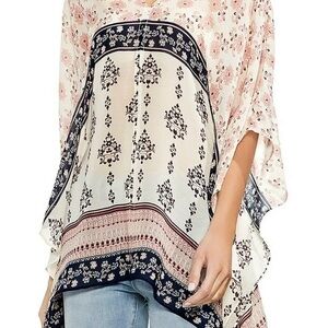 Vince Camuto Cream Sheer Poncho Tunic Damask Pink, Ivory, Navy Patterned Tunic